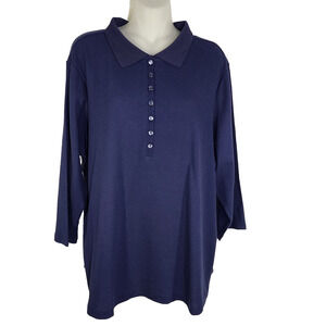 Denim & Co Womens Stretch 3/4 Sleeve Thermal Polo Shirt Navy Blue Size 1X A2464